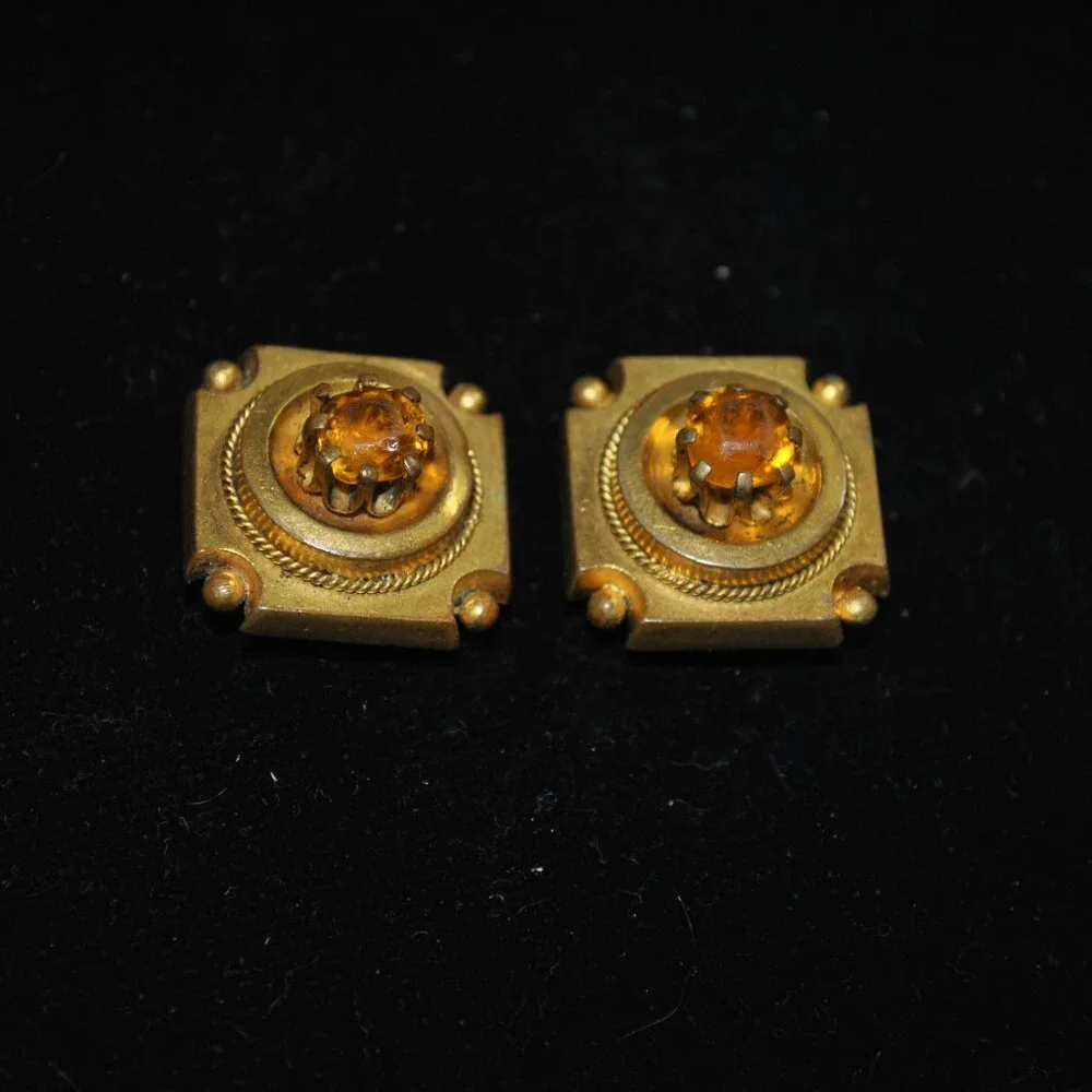 Unique Victorian Collar Buttons / Cufflinks with Amber Colored Stones